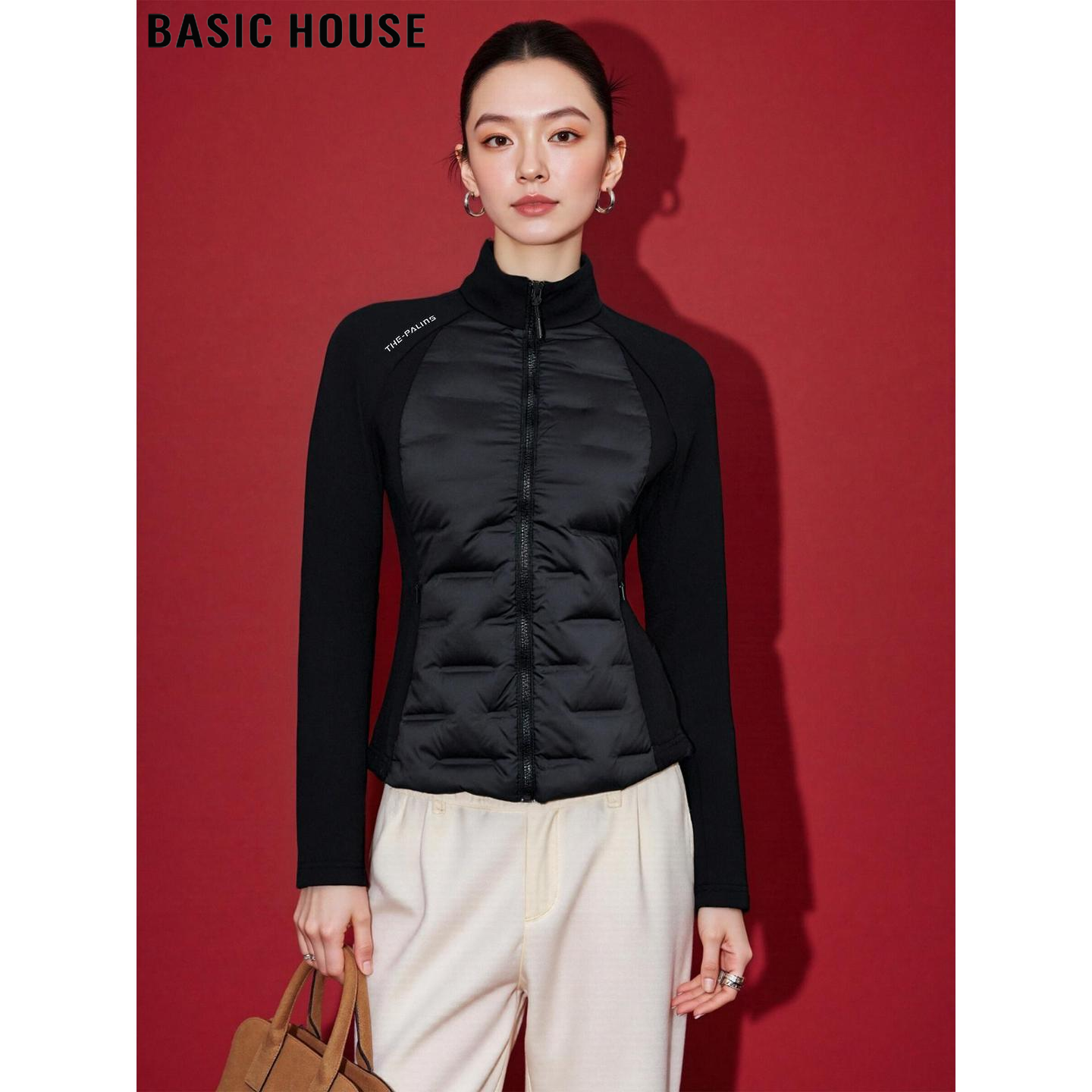 Basic House/百家好黑色90鹅绒羽绒服女2025冬季修身显瘦短款外套