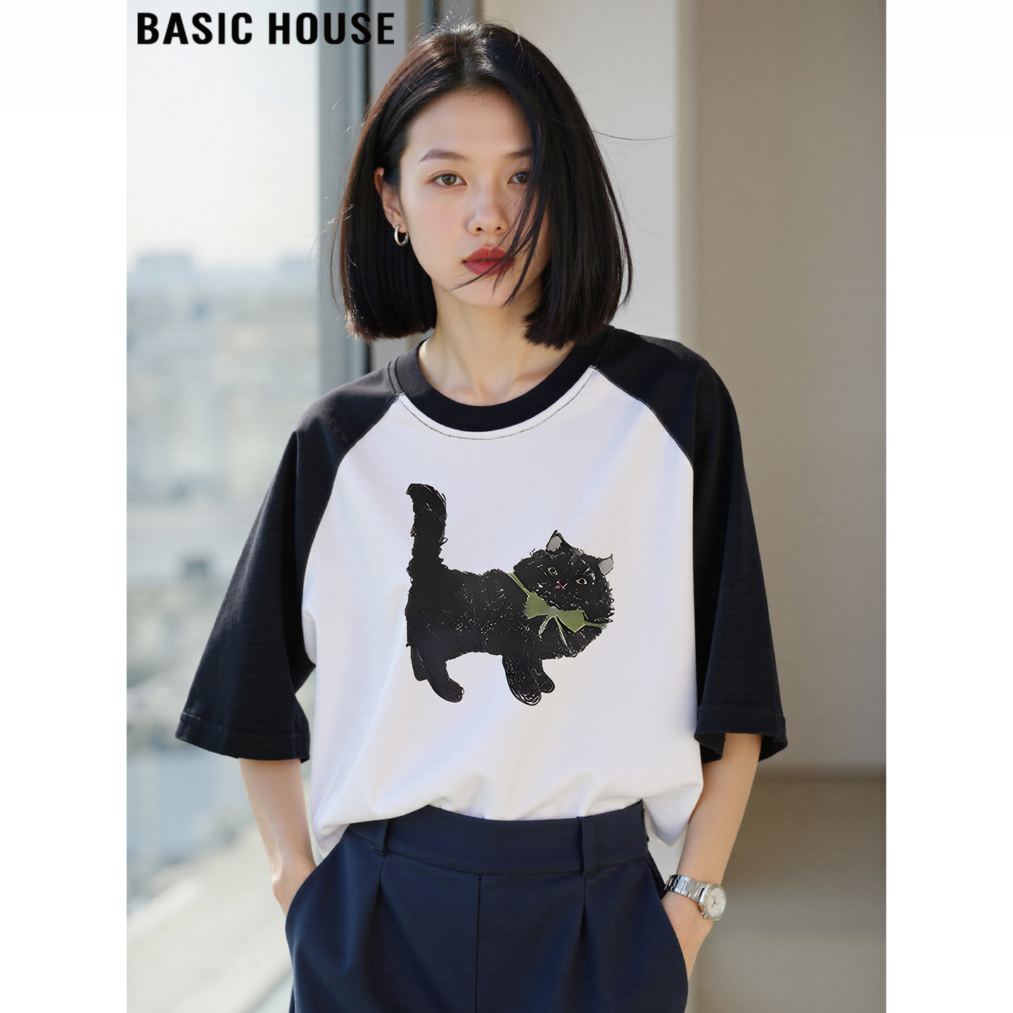Basic House/百家好可爱小猫印花T恤女夏季宽松撞色纯棉短袖体恤