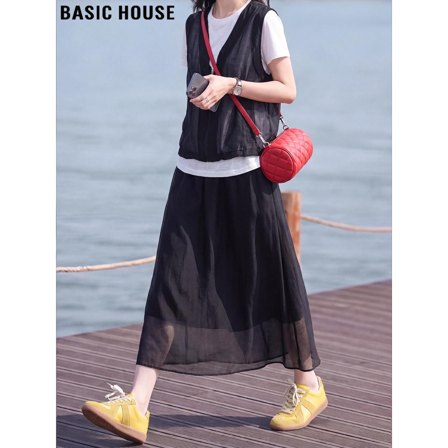 Basic House/百家好黑色天丝薄款马甲半身裙套装女夏季超火一整套