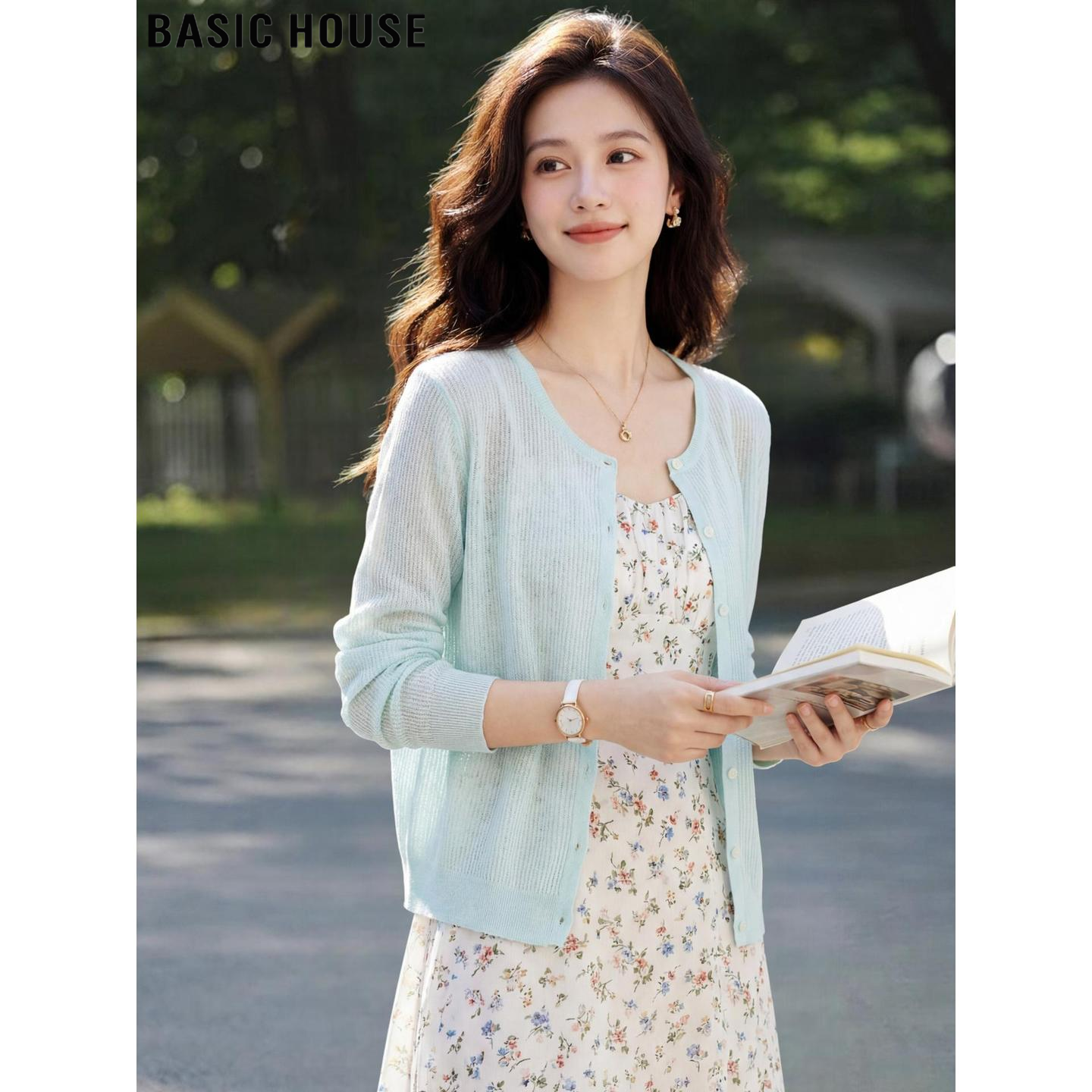 Basic House/百家好绿色薄款天丝长袖针织开衫女夏季冰丝防晒罩衫