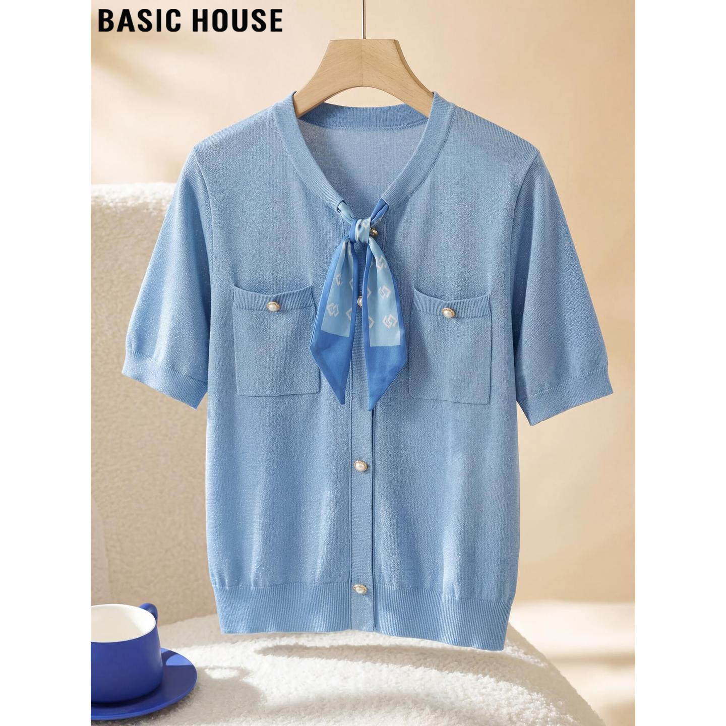 Basic House/百家好蓝色围巾领短袖针织开衫女夏季新款巨好看上衣