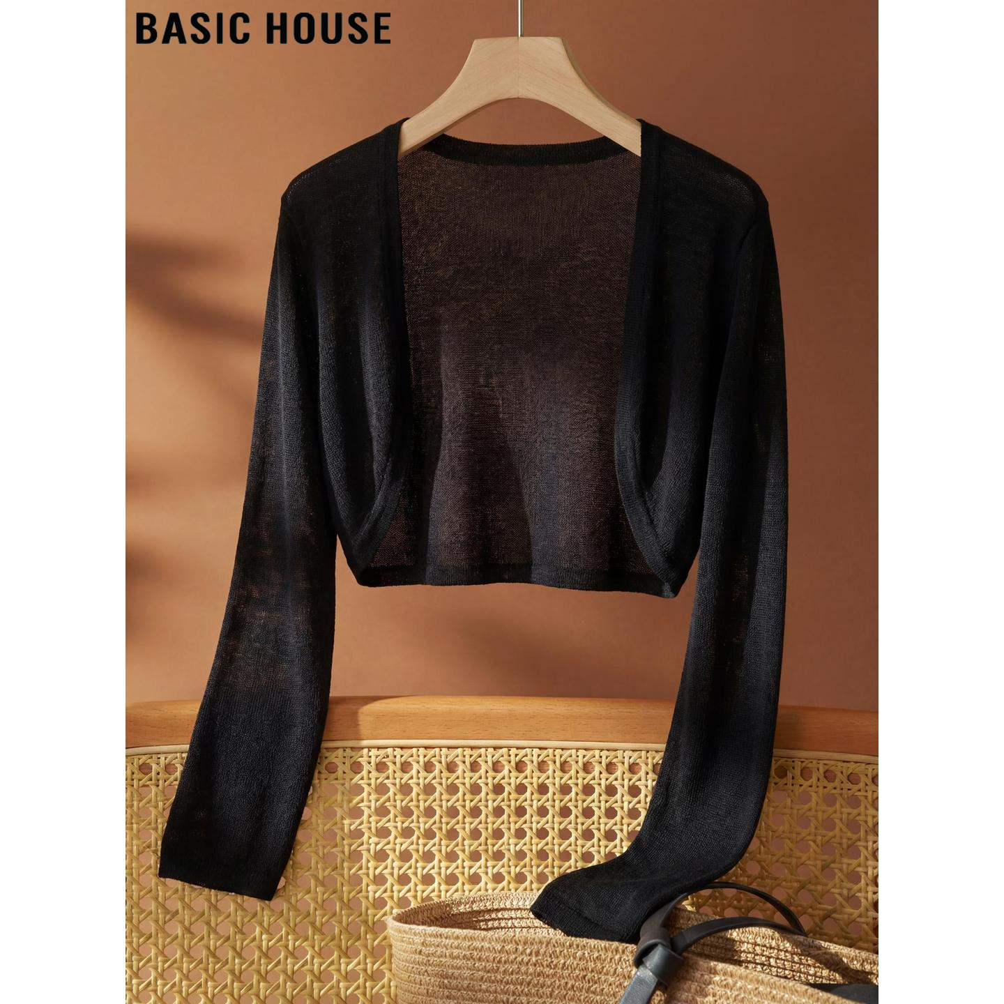 Basic House/百家好黑色100%天丝短款针织开衫女夏季薄款防晒罩衫