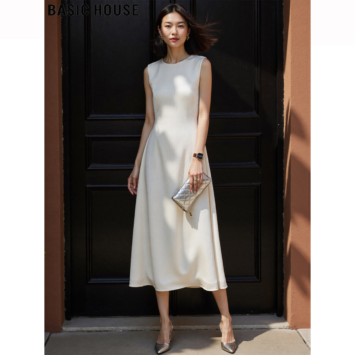 Basic House/百家好醋酸缎面无袖连衣裙女夏季含桑蚕丝背心长裙子