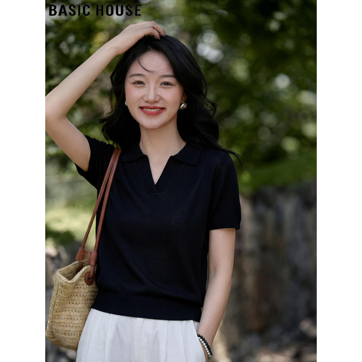 Basic House/百家好黑色翻领100%天丝短袖针织衫女夏季打底衫上衣