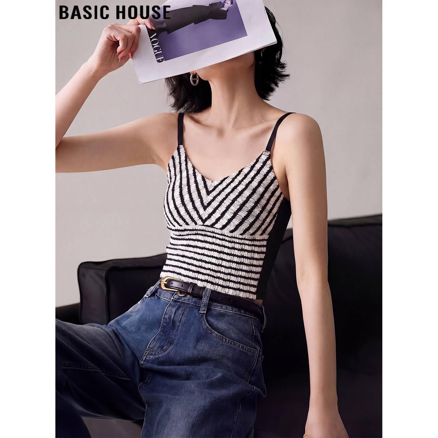 Basic House/百家好黑白条纹V领短款吊带背心女夏季外穿美背上衣