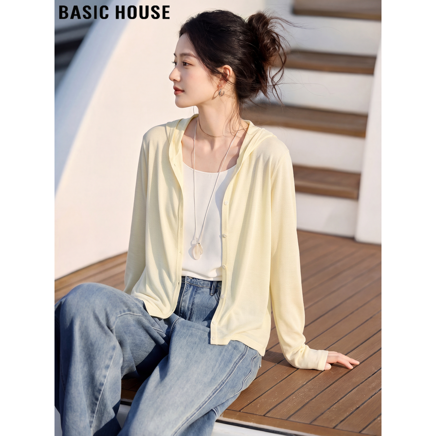 Basic House/百家好黄色天丝连帽针织防晒开衫女夏季薄款外搭罩衫