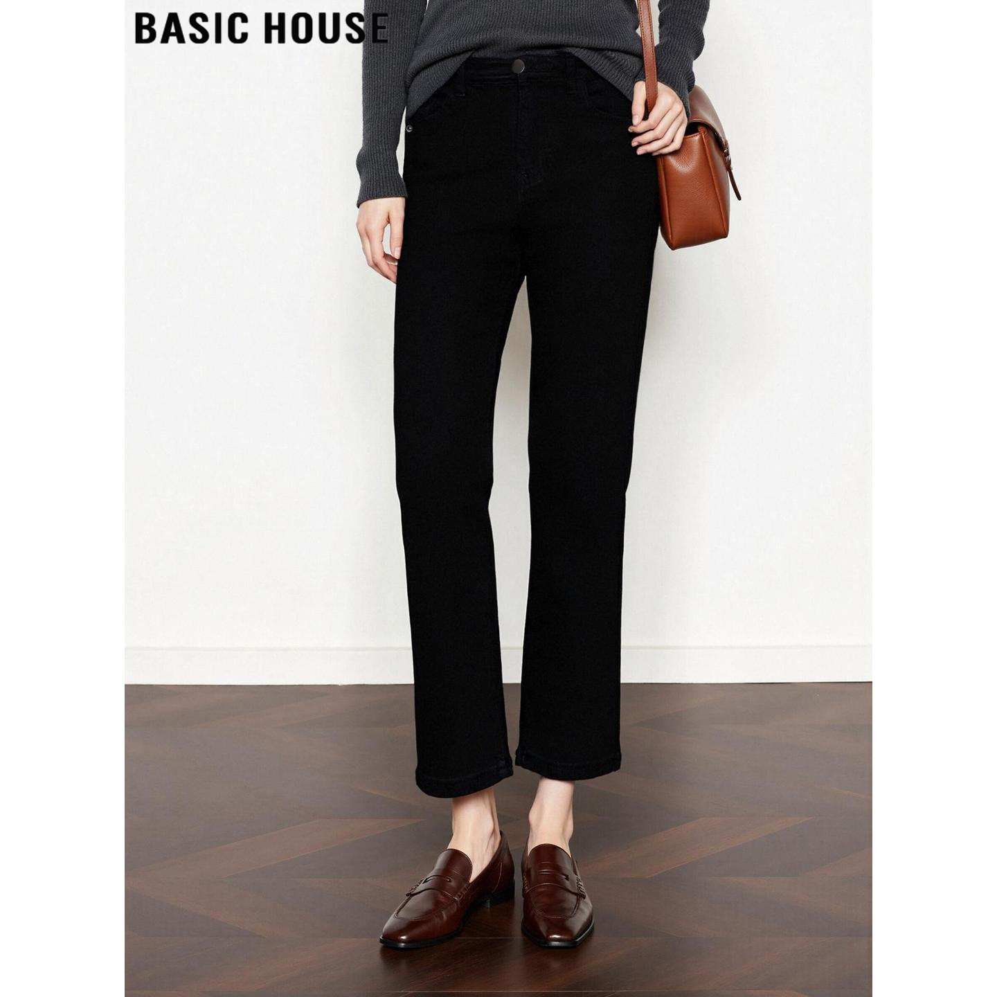 Basic House/百家好黑色显瘦直筒牛仔裤女2026春季九分百搭烟管裤