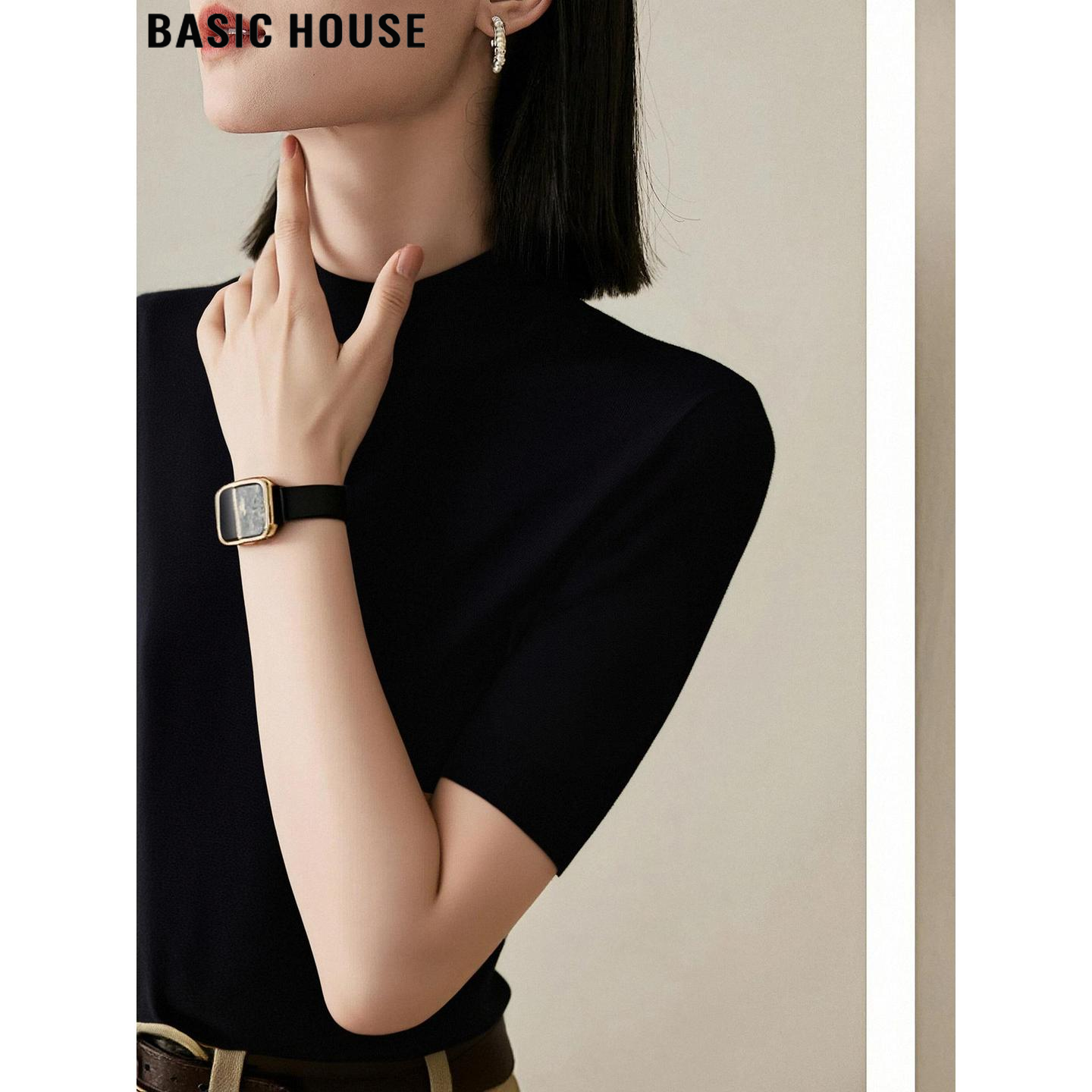 Basic House/百家好气质黑色半高领五分袖针织衫女夏季打底衫上衣