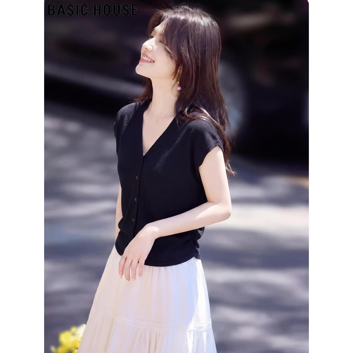 Basic House/百家好黑色含羊毛小飞袖针织开衫女夏季V领短袖上衣