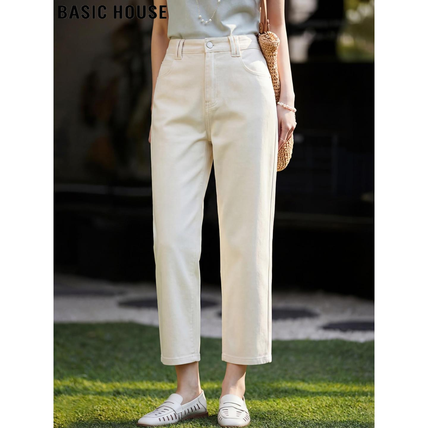 Basic House/百家好白色九分直筒牛仔裤女夏季高腰显瘦小脚烟管裤