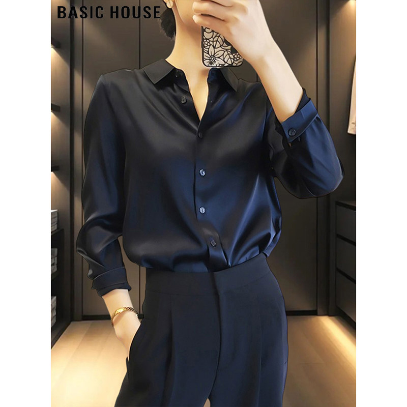 Basic House/百家好藏蓝色缎面长袖衬衫女2026春季POLO领打底衬衣