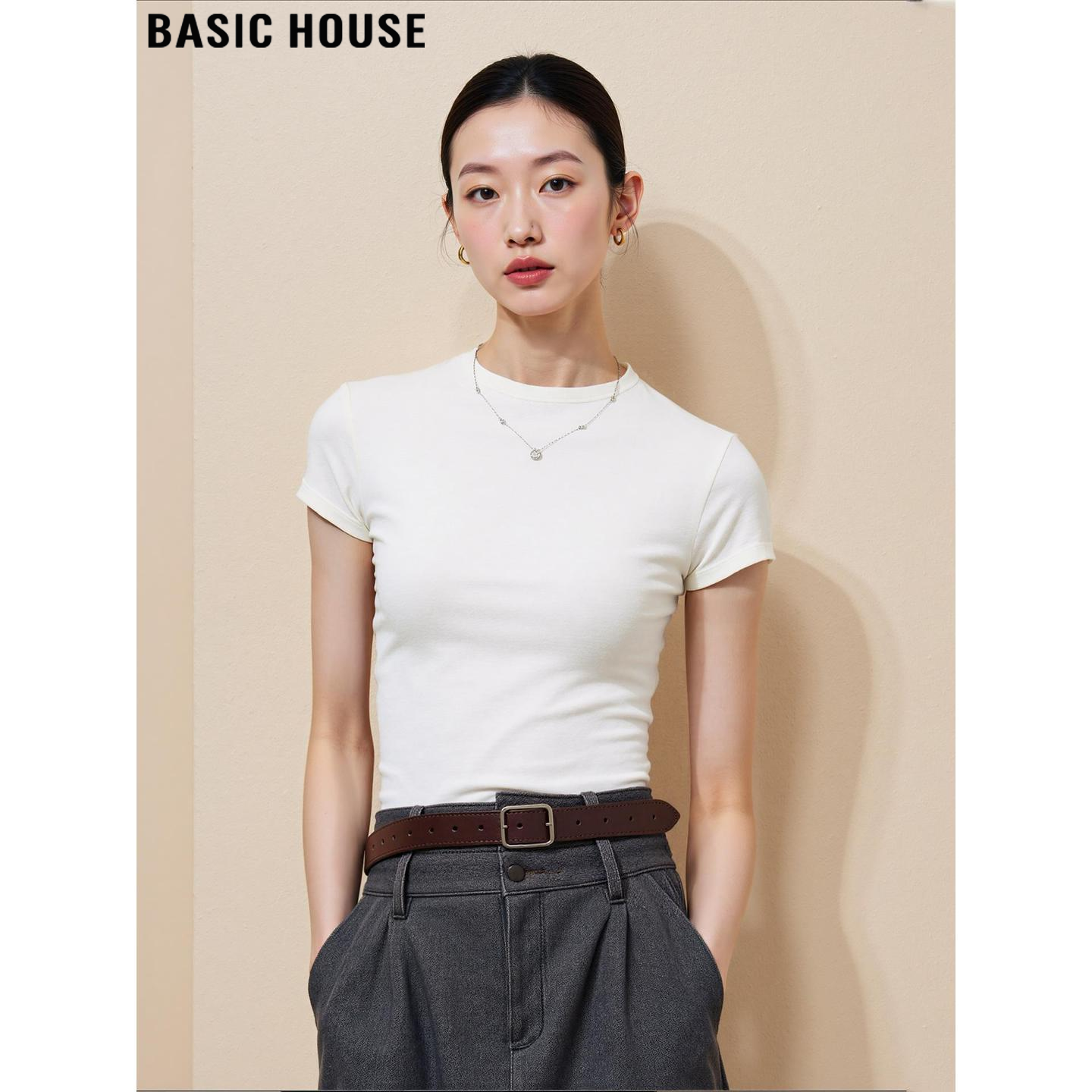 Basic House/百家好简约修身白色正肩含羊毛天丝短袖T恤女2026夏