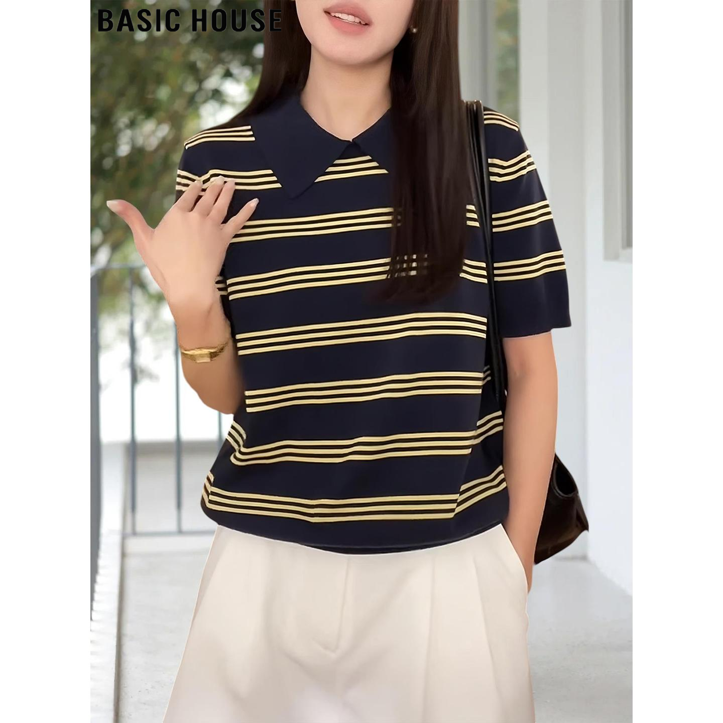 Basic House/百家好学院风条纹短袖T恤女夏季薄款针织POLO衫上衣