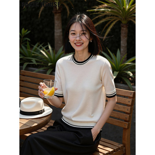 百家好莱赛尔天丝拼色中袖针织衫