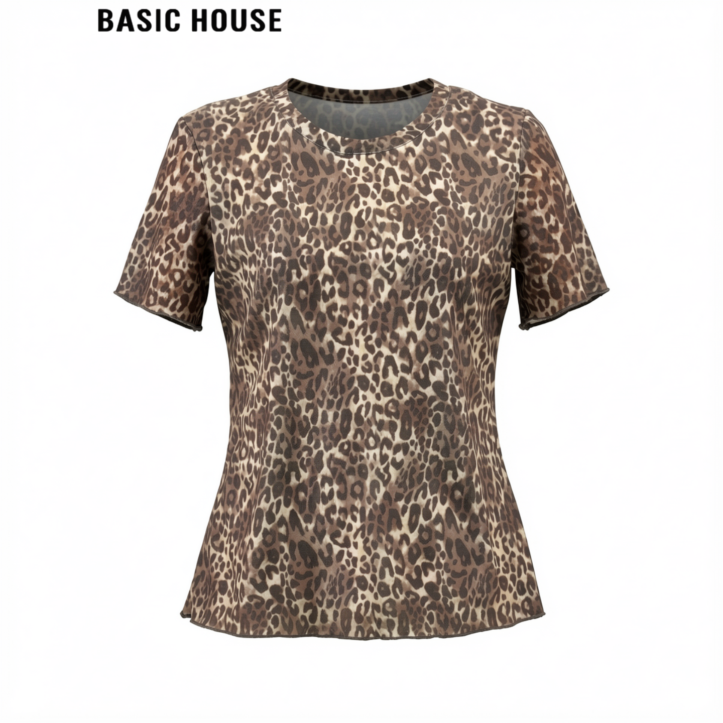 Basic House/百家好复古豹纹圆领正肩短袖T恤女士夏季B0956B5CMT2