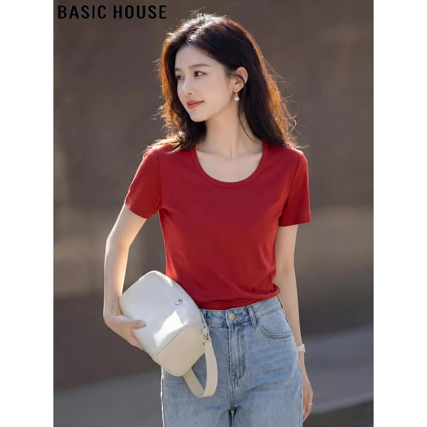 Basic House/百家好红色U领含桑蚕丝短袖T恤女夏季巨好看体恤上衣