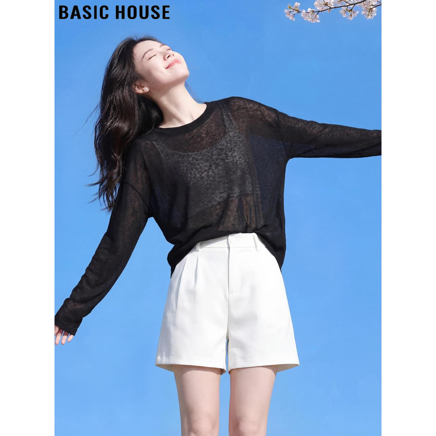 Basic House/百家好黑色圆领薄款微透长袖T恤女夏季超火防晒罩衫