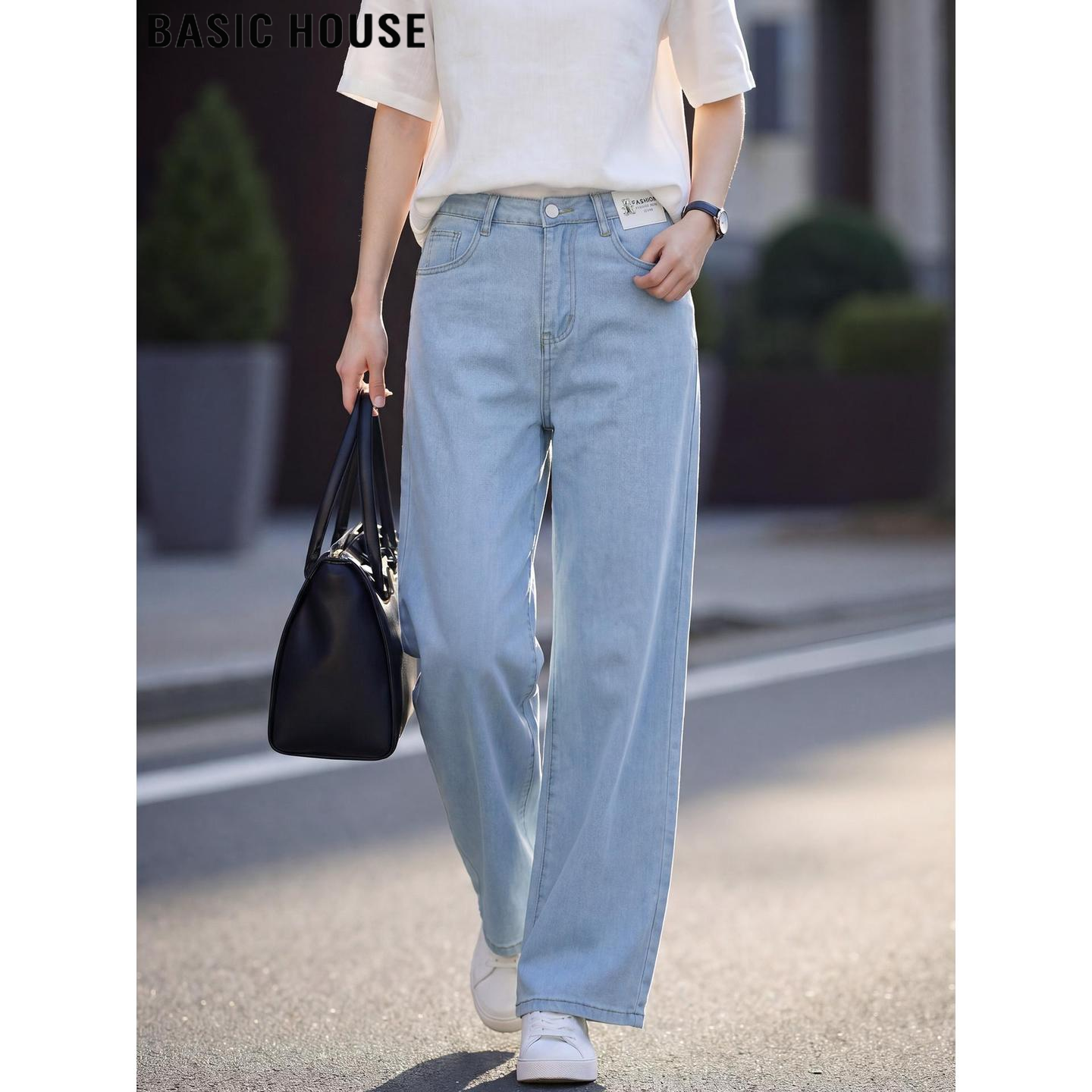 Basic House/百家好浅蓝色九分天丝直筒牛仔裤女夏季垂坠感阔腿裤