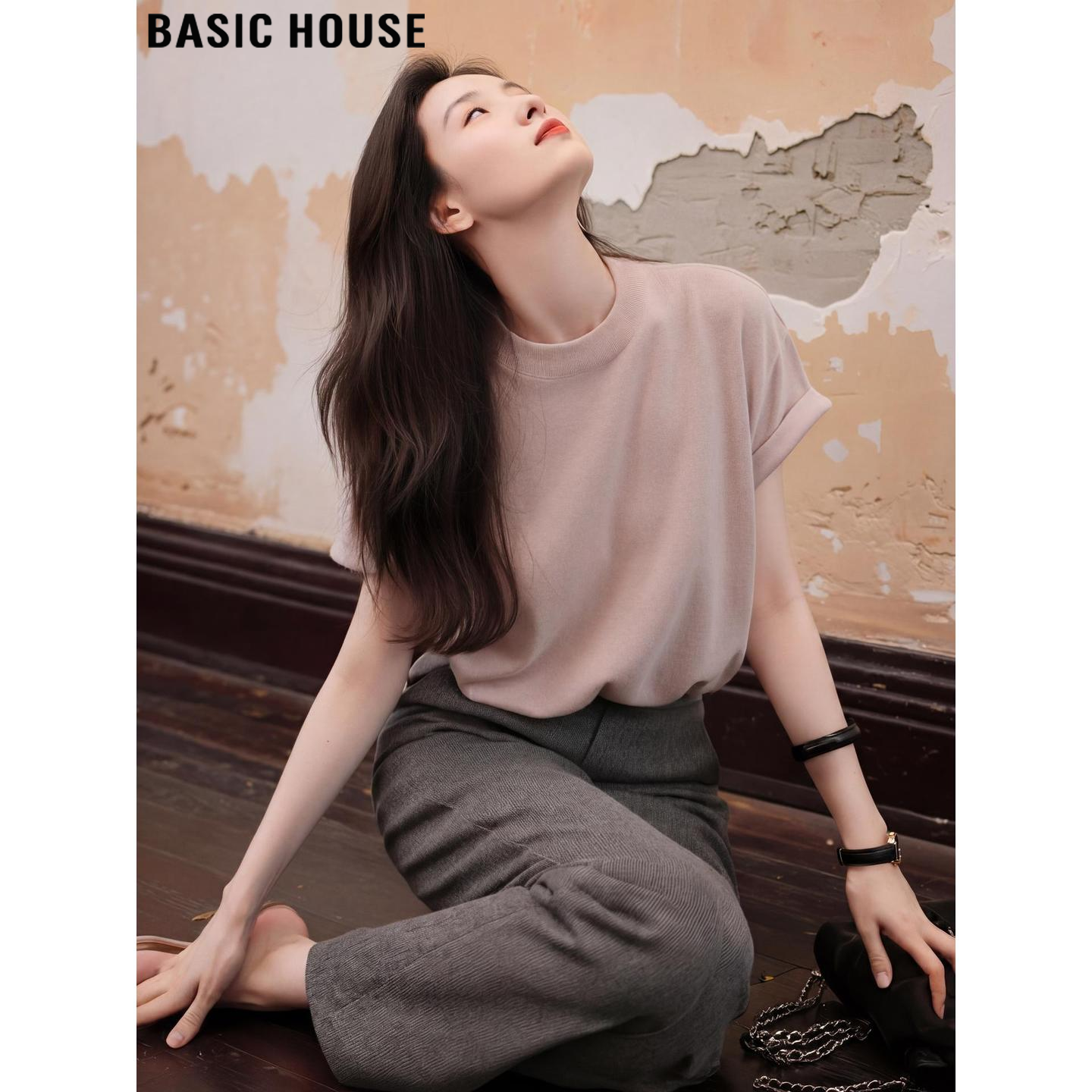 Basic House/百家好粉色正肩纯棉圆领短袖T恤女夏季新款显瘦上衣