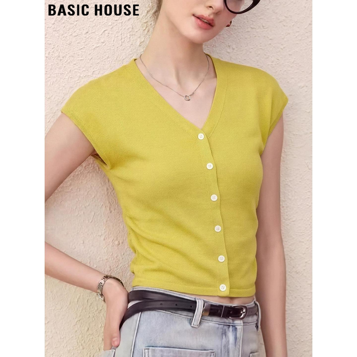 Basic House/百家好黄色含羊毛小飞袖针织开衫女夏季V领短袖上衣