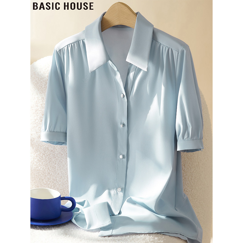 Basic House/百家好蓝色polo领雪纺短袖衬衫女夏季巨好看衬衣开衫