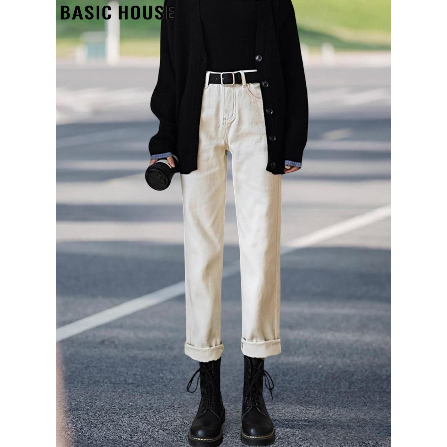 Basic House/百家好米白色直筒牛仔裤女2026春季高腰九分烟管裤子
