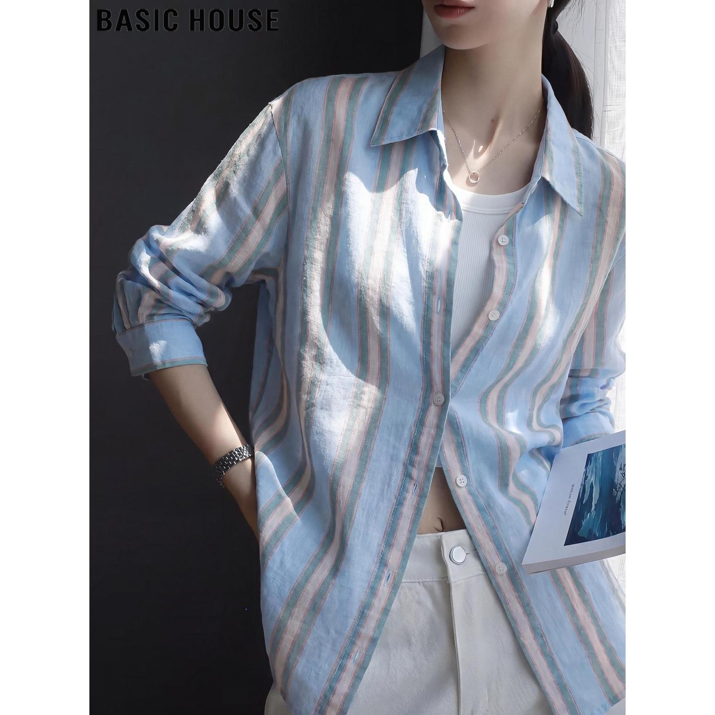 Basic House/百家好蓝色条纹100%苎麻衬衫外套女夏季外搭防晒上衣