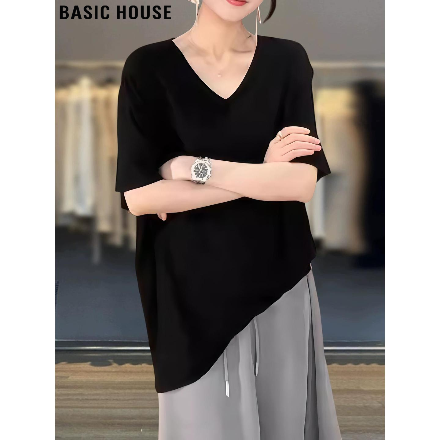 Basic House/百家好莫代尔黑色V领短袖T恤女士夏季宽松中长款上衣