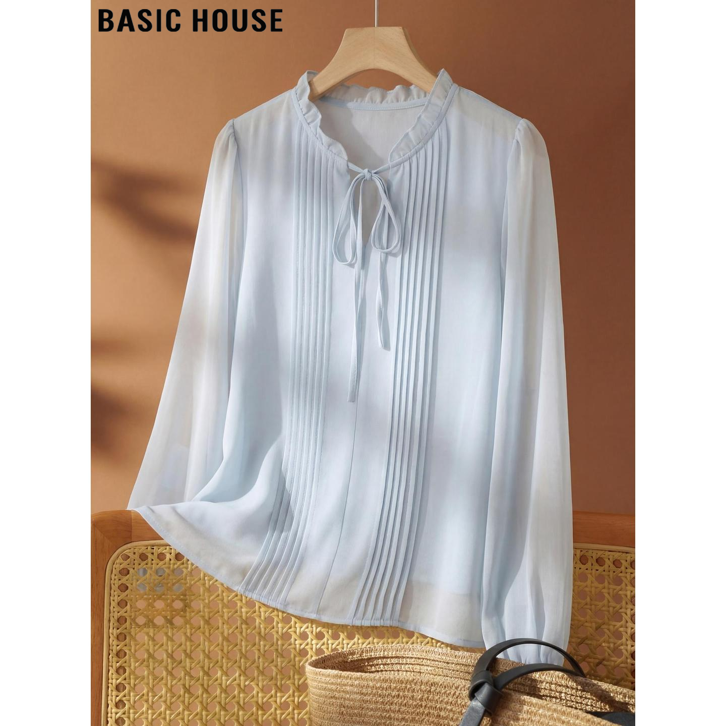 Basic House/百家好浅紫色木耳边雪纺长袖衬衫女夏季独特薄款衬衣