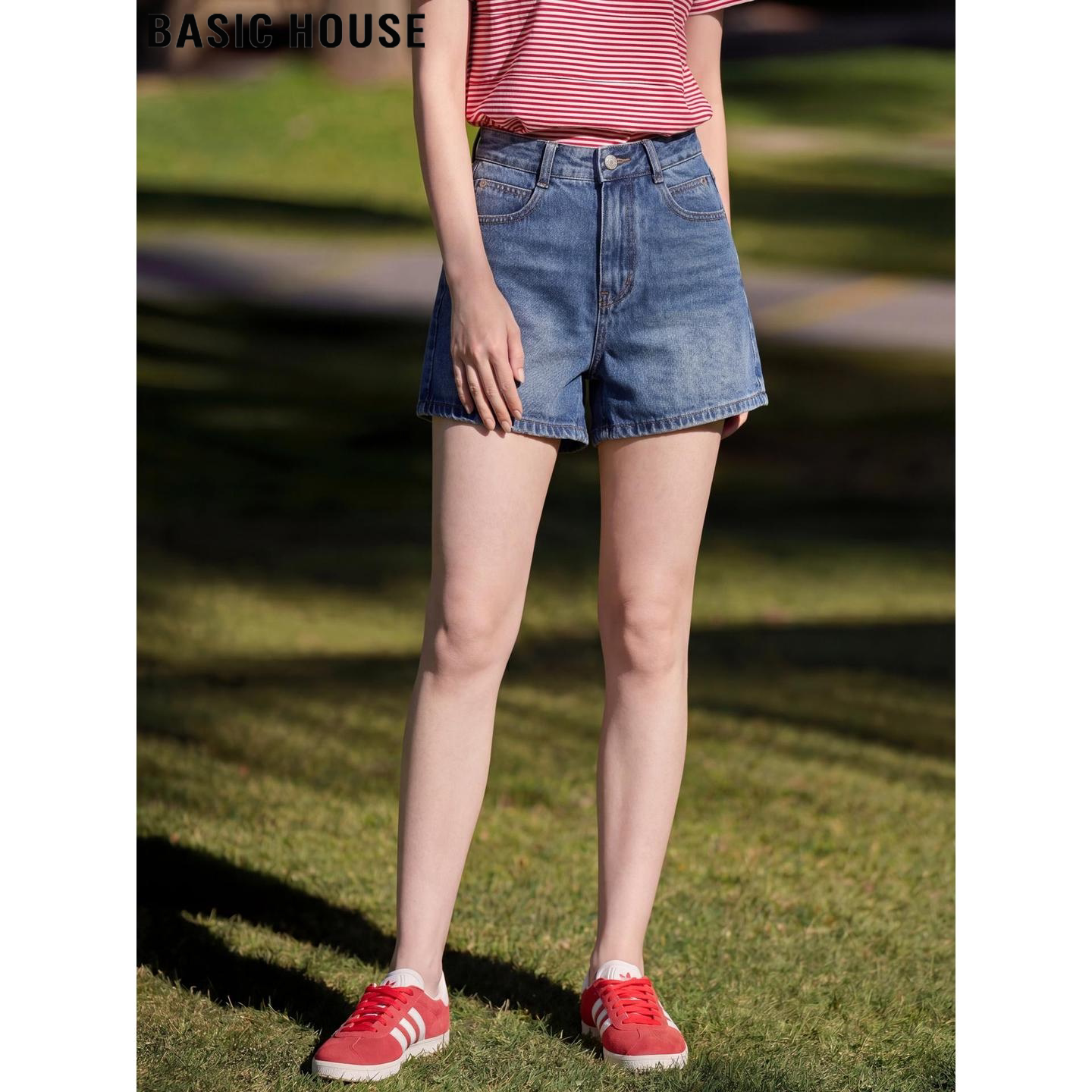 Basic House/百家好复古蓝色纯棉直筒牛仔短裤女夏季高腰阔腿热裤