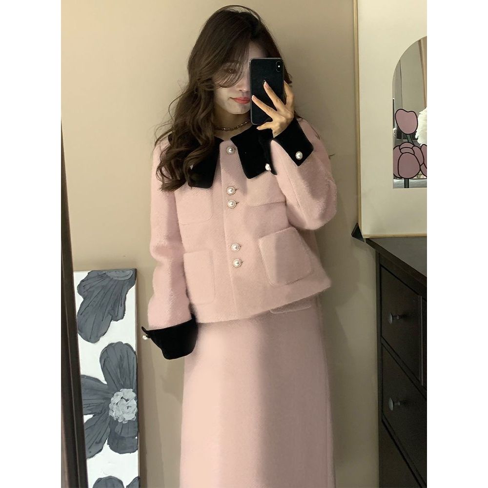 爱丽莎套装 设计师女装法式套装冬季保暖呢子上衣+直筒半裙两件套