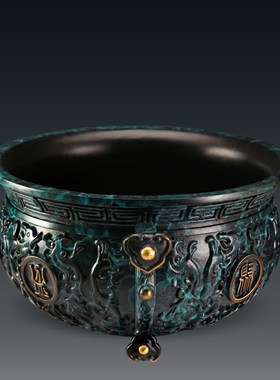 全铜蓝色聚宝盆摆件招财聚财客厅办公室店铺开业礼物家居装饰品