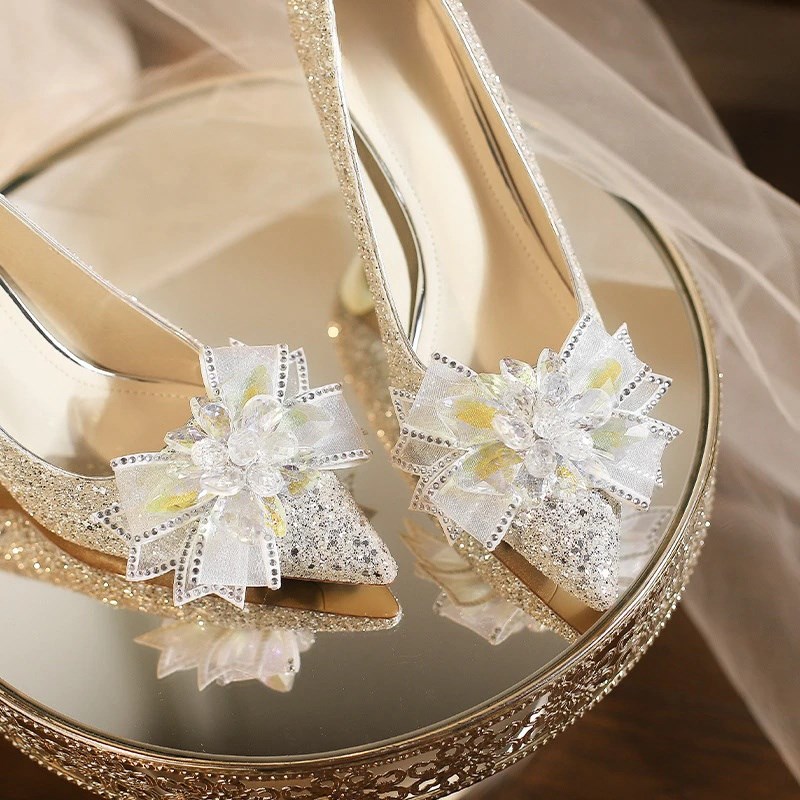 水钻婚鞋女禾秀婚纱两穿新娘鞋细高跟不累脚水晶伴娘鞋2025年新款