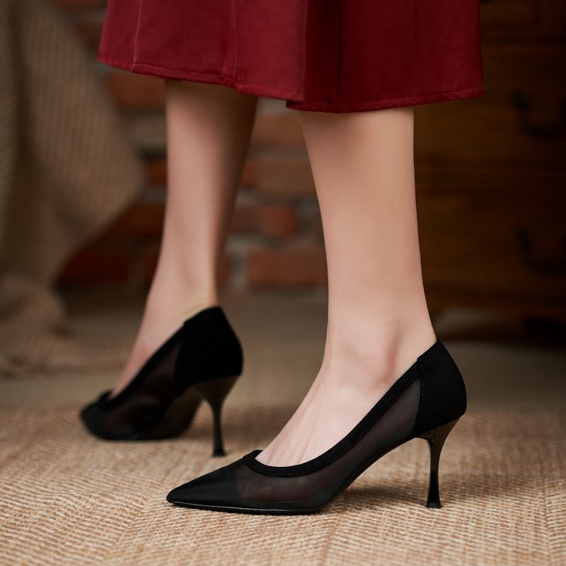 网纱高跟鞋小码313233真皮大码女鞋41一43工作镂空低跟网面单鞋女