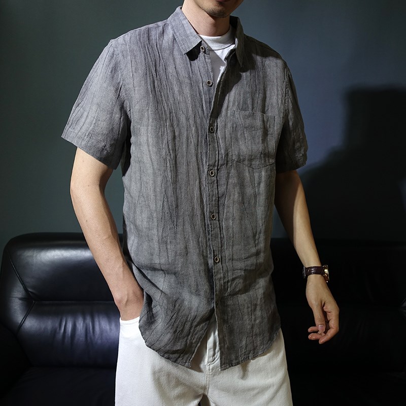 纯亚麻短袖衬衫男薄款透气复古口袋不扎人国潮寸衫褶皱休闲衬衣