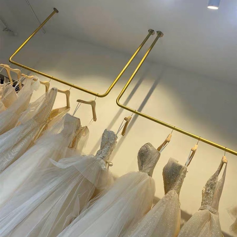 服装店上墙展示架吊顶悬挂衣架女装店挂衣杆金色婚纱吊架礼服货架
