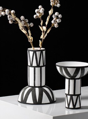 侘寂风日式黑白纹手绘陶罐客厅小众高级家居进门玄关餐边柜装饰品