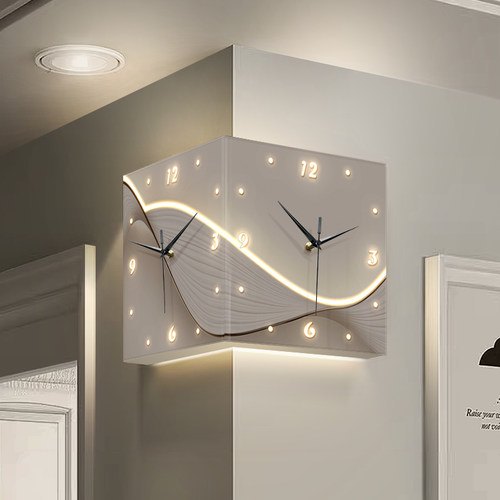 现代简约客厅转角双面挂钟创意免打孔拐角时钟挂墙壁灯画墙壁钟表