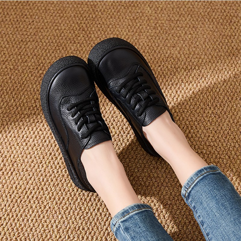 头层牛皮中老年舒适软底妈妈鞋子厚底单鞋系带圆头春秋款女士皮鞋