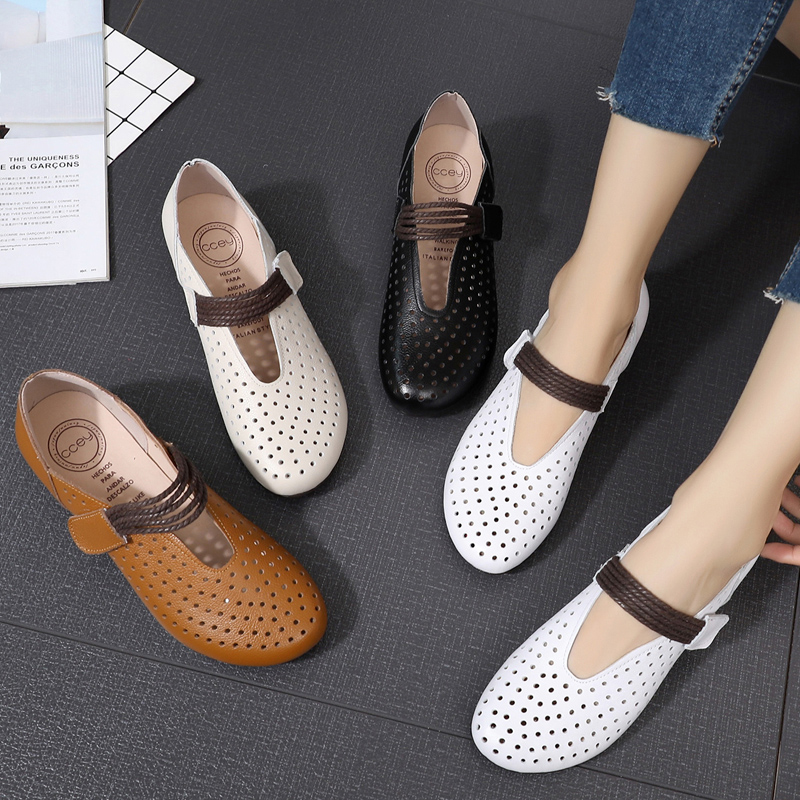 真皮单鞋女软皮软底皮鞋平底镂空春秋鞋中年四季妈妈鞋大码41一43