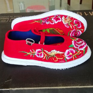 贵州布鞋纯手工千层底云南毛边布底鞋方口女式绣花鞋一字扣带妈妈