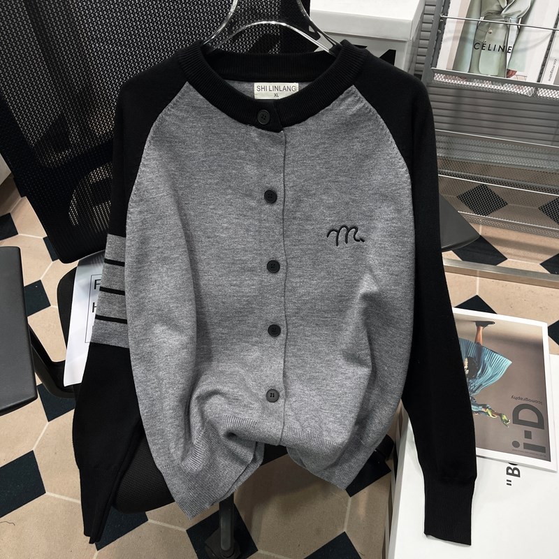 胡子叔大码韩系撞色休闲百搭针织开衫女胖mm200斤毛衣外套潮上衣