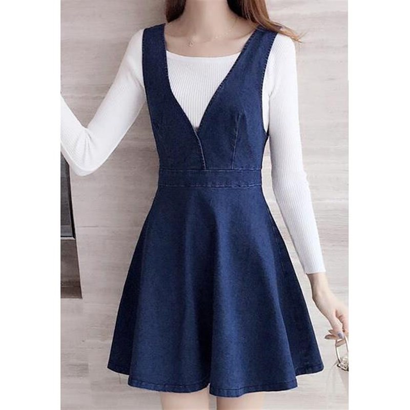 韩版牛仔连衣裙秋装新款女装A背带裙A字裙子吊带背心裙打底裙