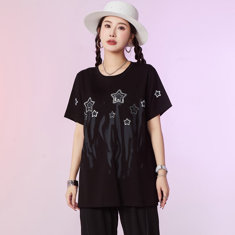 加大码女装200斤胖妹妹洋气时尚休闲上衣胖mm遮肚子显瘦短袖T恤衫