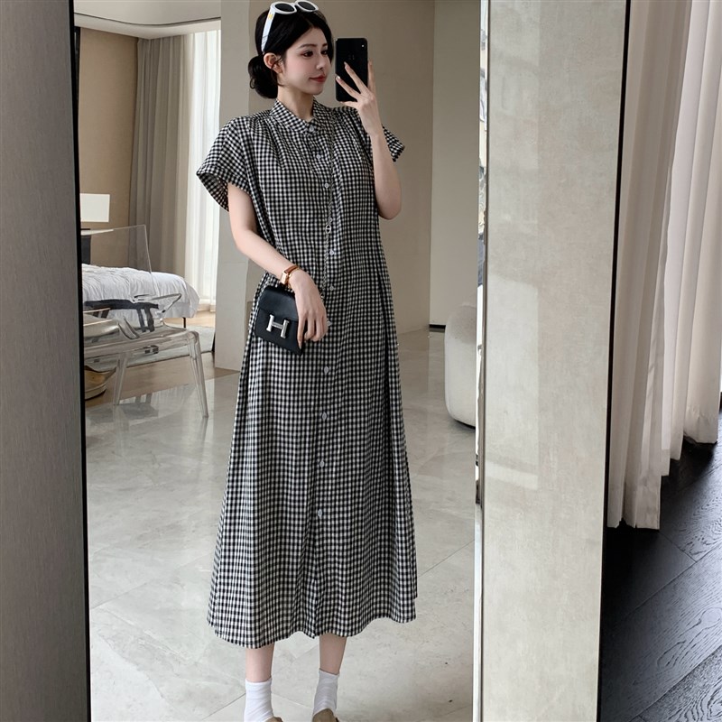 2025夏装新款温柔复古衬衫裙中长款宽松立领小个子气质格纹连衣裙