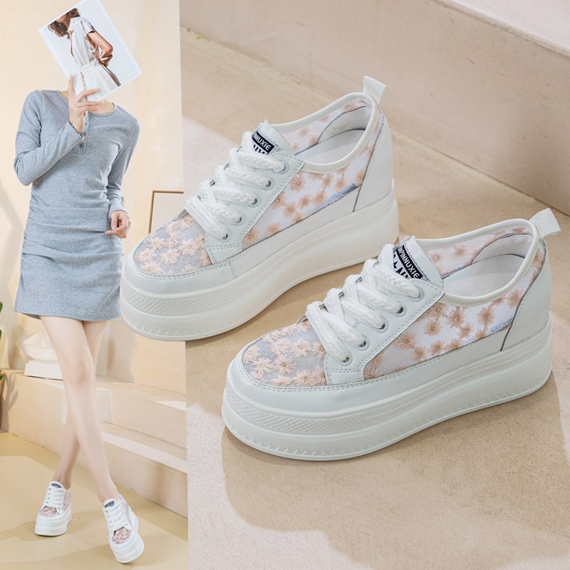 真皮爆款花朵内增高小白鞋女夏季厚底运动鞋网纱透气休闲松糕网鞋