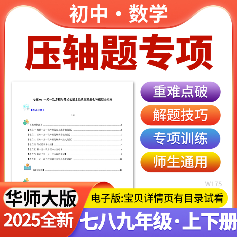 2025华师大版初中数学压轴题专项培优提升练习七八九年级上下册电子版资料