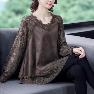 高级感拼接女中年秋装新款气质2025鹿皮绒蕾丝上衣洋气大码打底衫