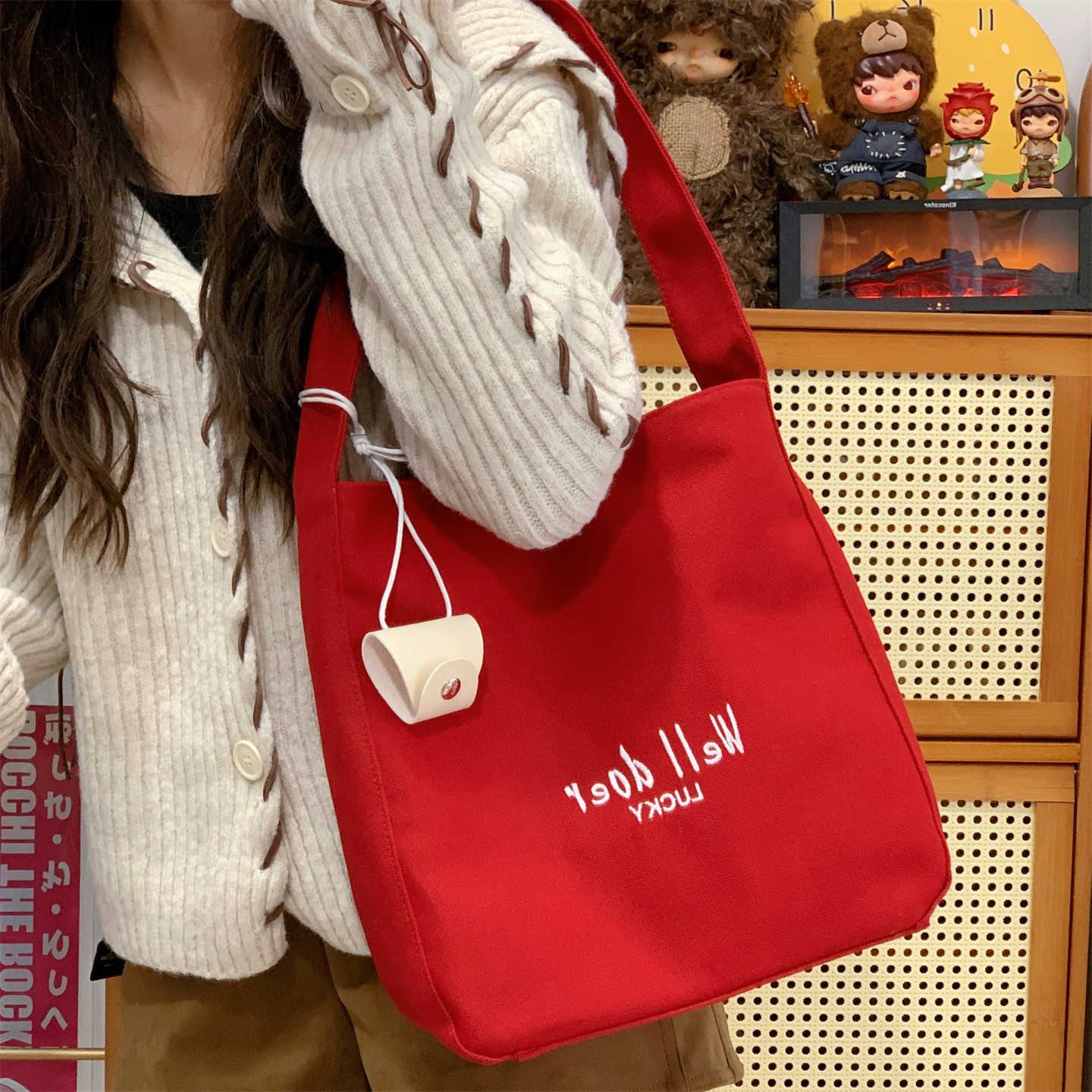 红色女生单肩布包大容量帆布袋休闲腋下包手拎挎包女孩上班通勤包