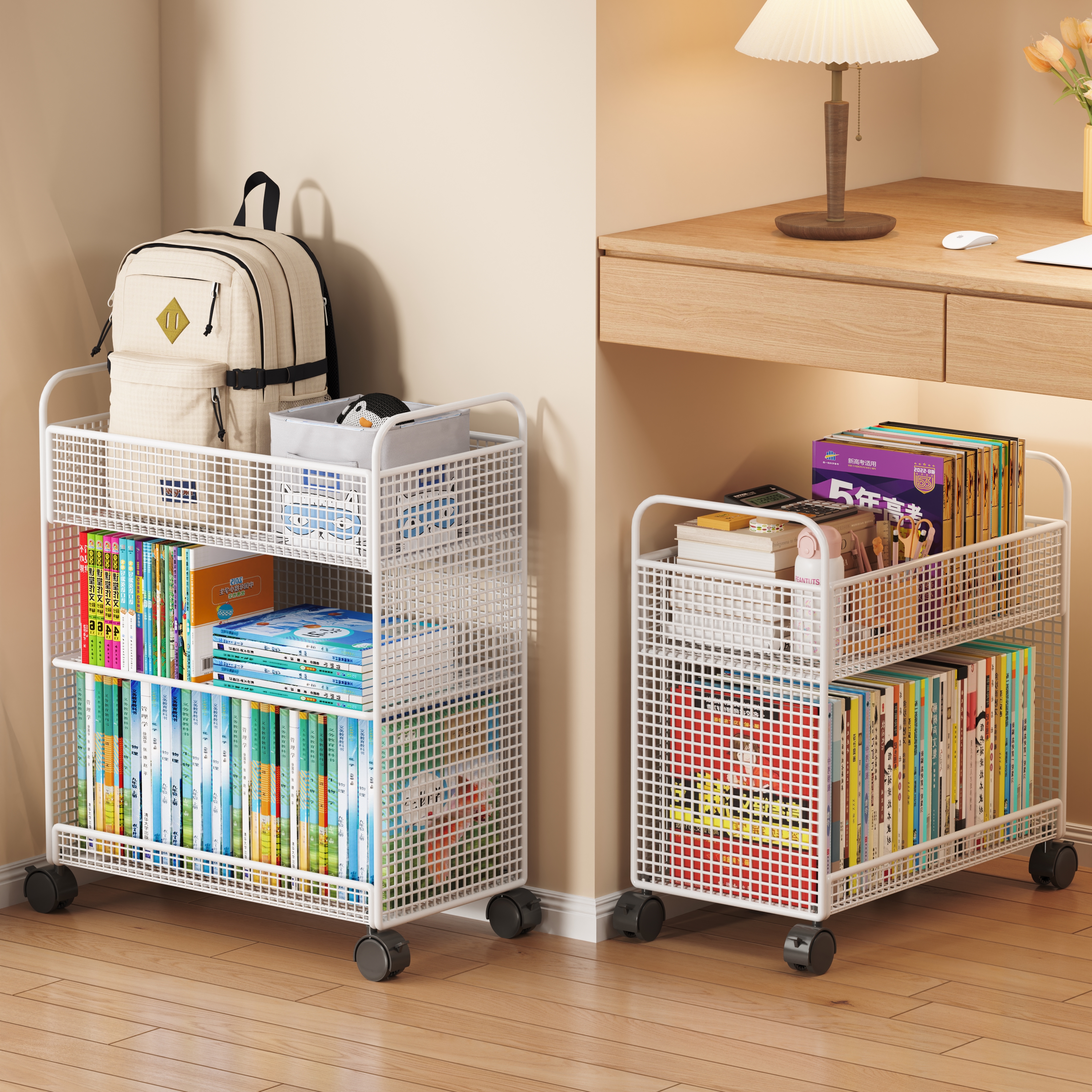 桌下可移动书架带轮落地置物架学生教室桌边大容量简易书本收纳架